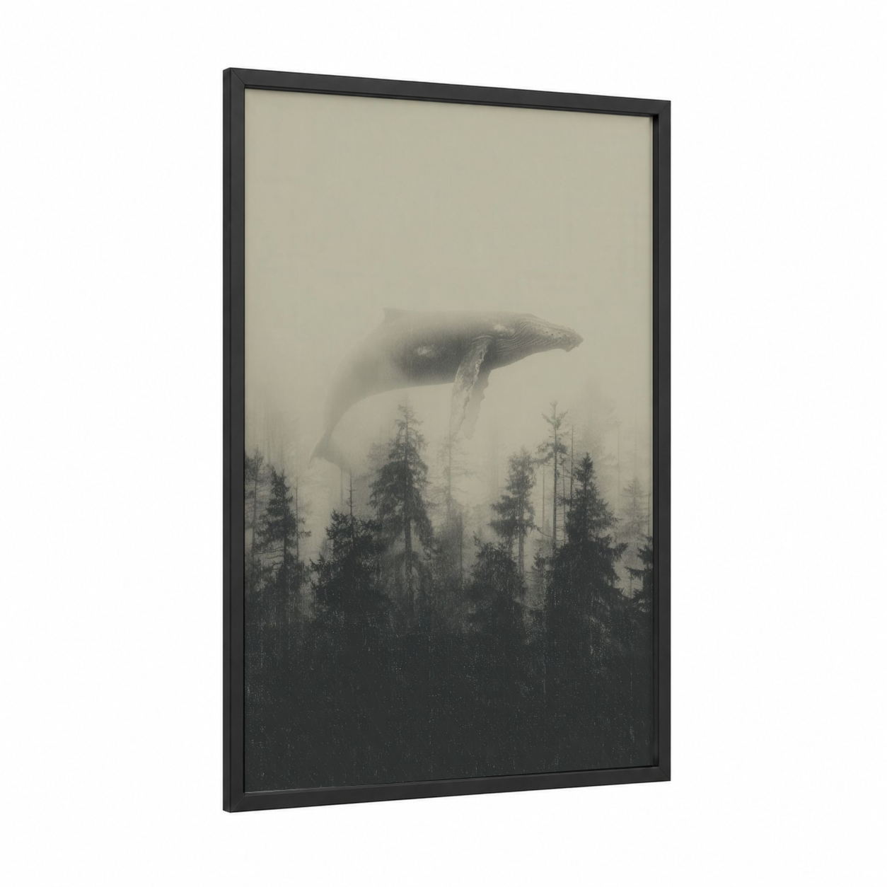 Misty Whale framed humpback whale print — black wood frame — black and white and gray palette