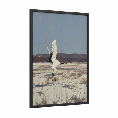 Snowy Crane Takeoff framed art print — black wood frame — blue and white and dove gray palette