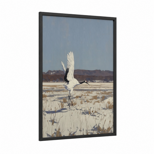 Snowy Crane Takeoff framed art print — black wood frame — blue and white and dove gray palette