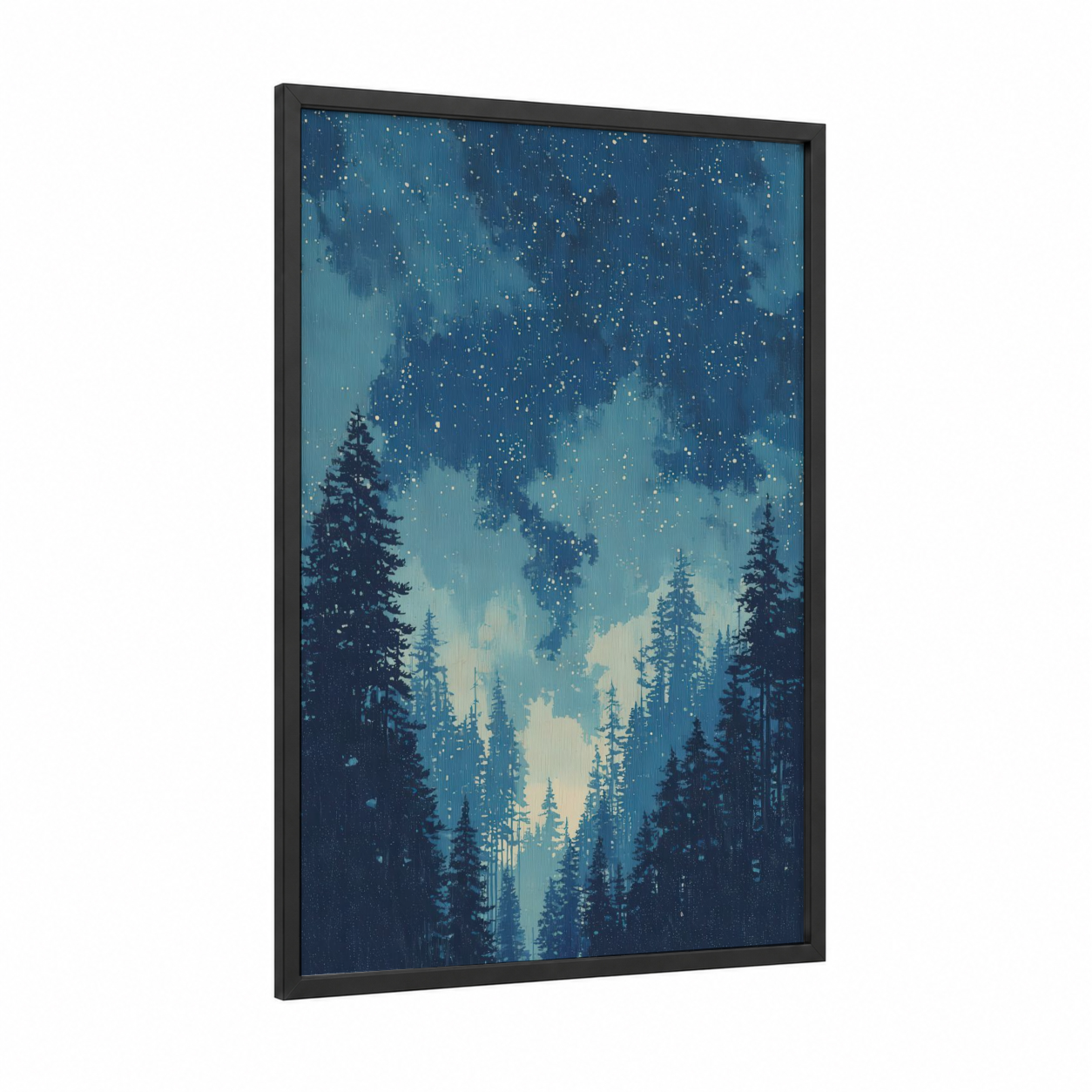 Starlit Forest framed art print — black wood frame — blue and dark blue palette