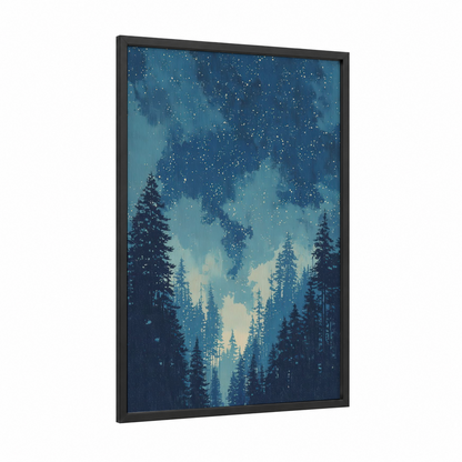 Starlit Forest framed art print — black wood frame — blue and dark blue palette