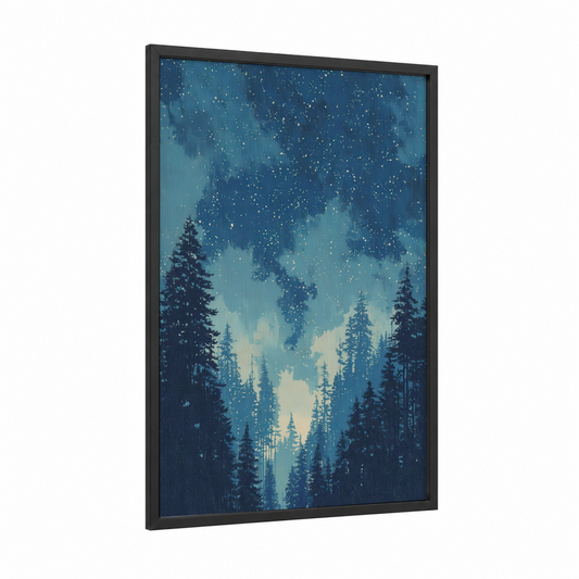 Starlit Forest framed art print — black wood frame — blue and dark blue palette