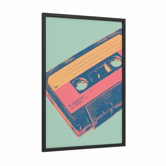 Retro Cassette framed casette print — black wood frame — turquoise and salmon pink palette