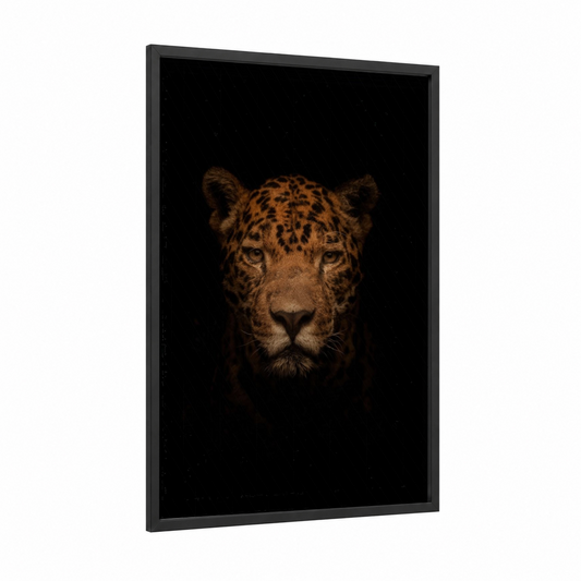 Golden Jaguar framed art print — black wood frame — gold and black palette