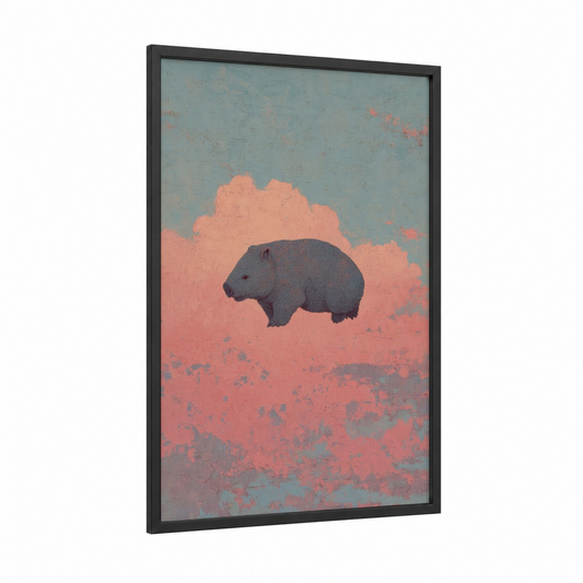 Dreaming Wombat framed art print — black wood frame — peach and dove gray palette