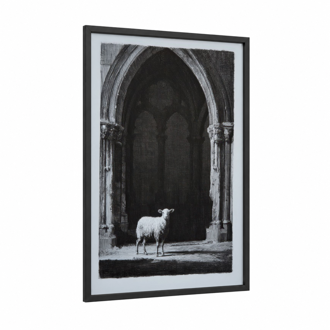 Sacred Sheep framed art print — black wood frame — black and white and gray palette