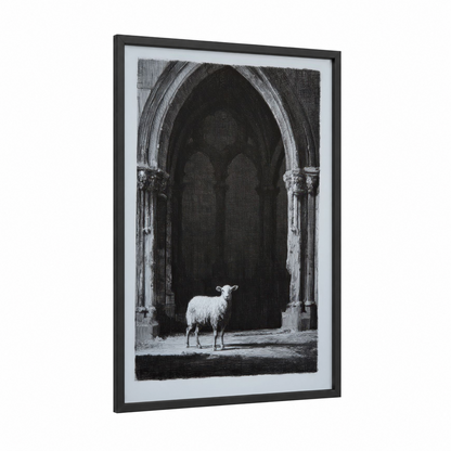 Sacred Sheep framed art print — black wood frame — black and white and gray palette