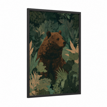 Forest Grizzly framed grizzly bear print — black wood frame — dark green and russet palette