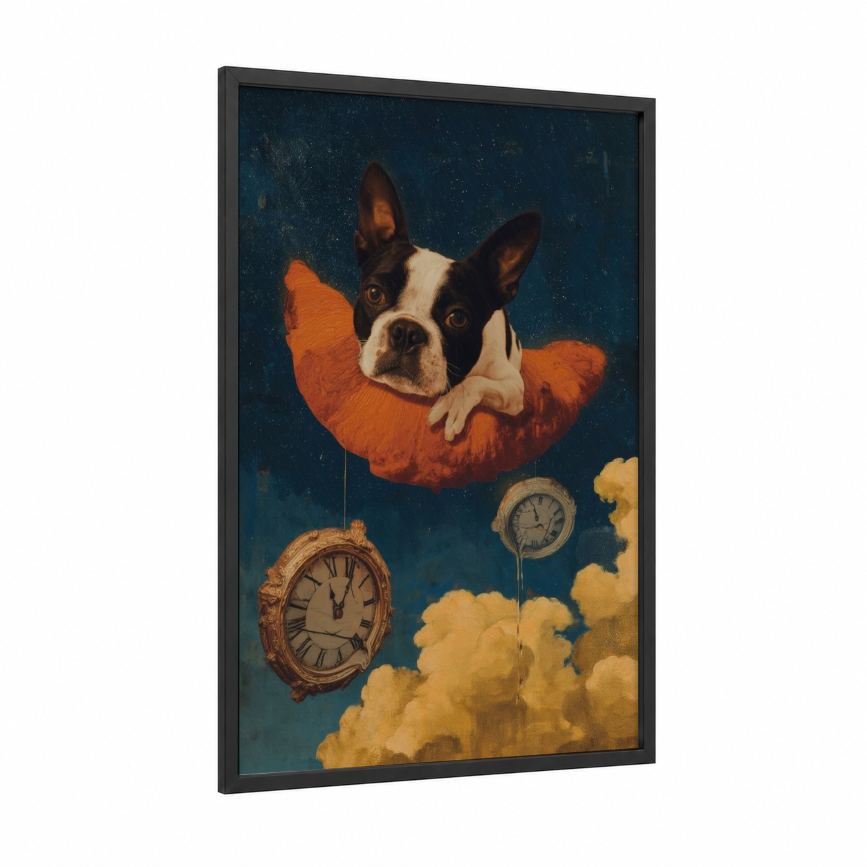 Dreaming Terrier framed art print — black wood frame — dark blue and gold palette