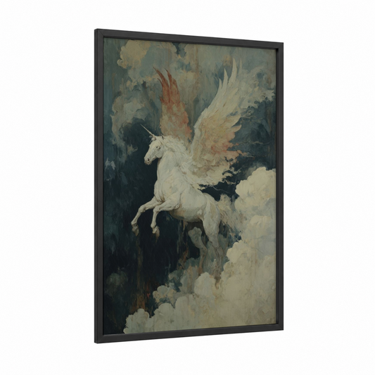 Celestial Pegasus framed art print — black wood frame — white and dove gray palette