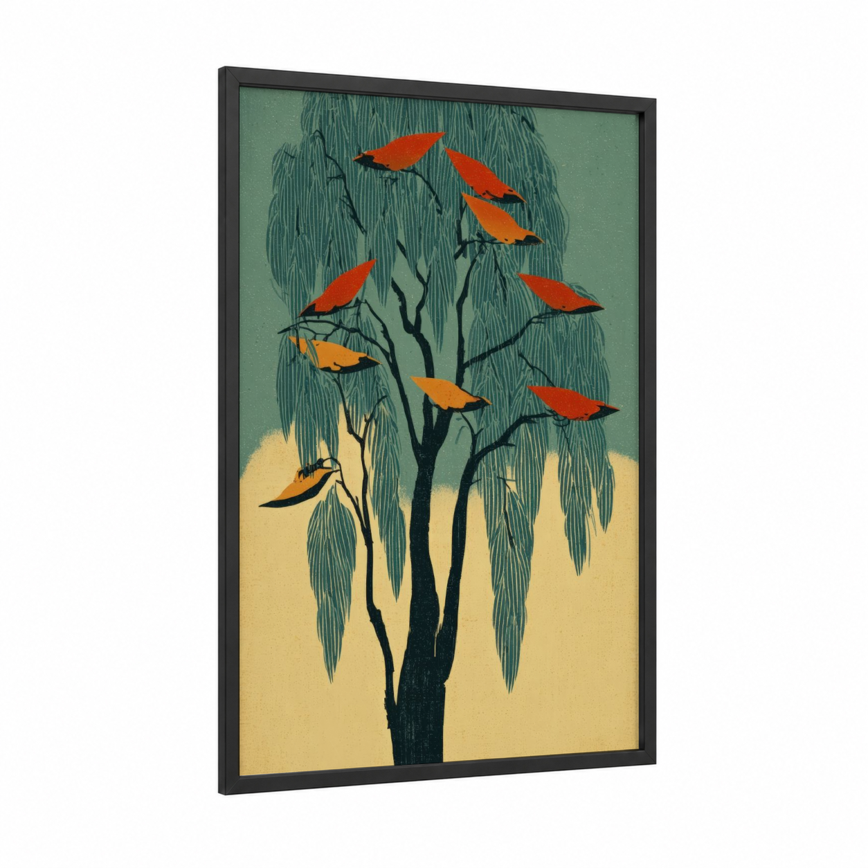 Crimson Willow framed willow tree print — black wood frame — sage green and orange palette