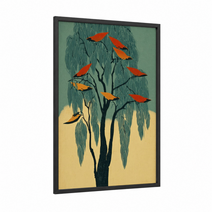 Crimson Willow framed willow tree print — black wood frame — sage green and orange palette