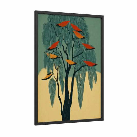 Crimson Willow framed willow tree print — black wood frame — sage green and orange palette