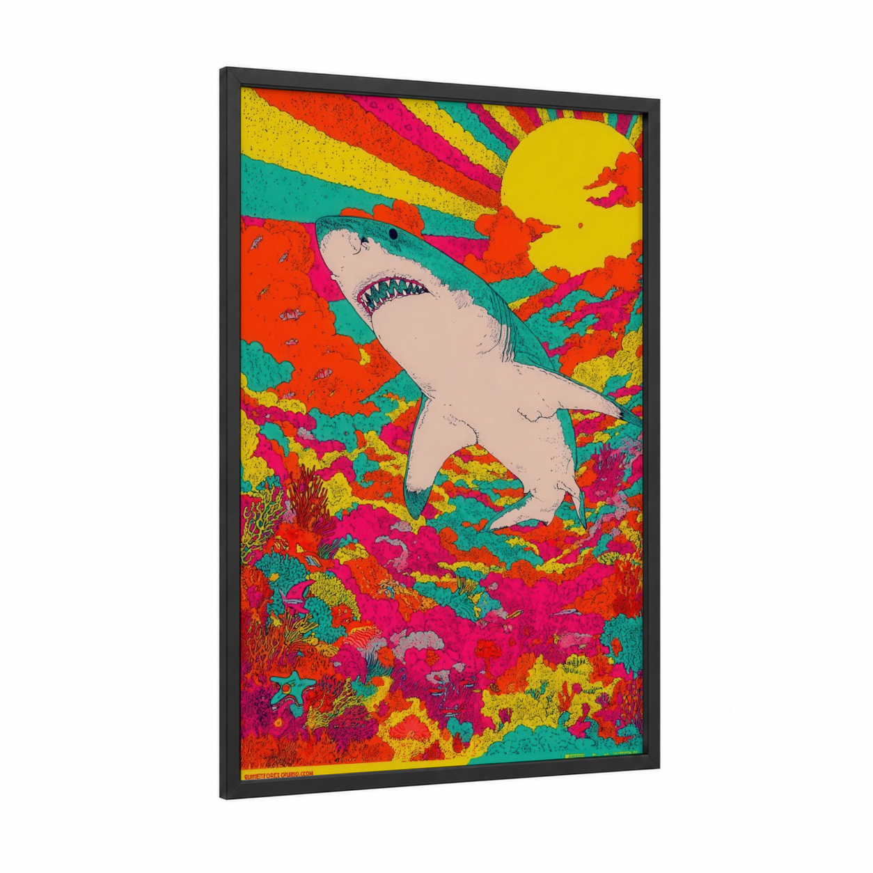 Neon Shark framed great white shark print — black wood frame — magenta and yellow gold palette