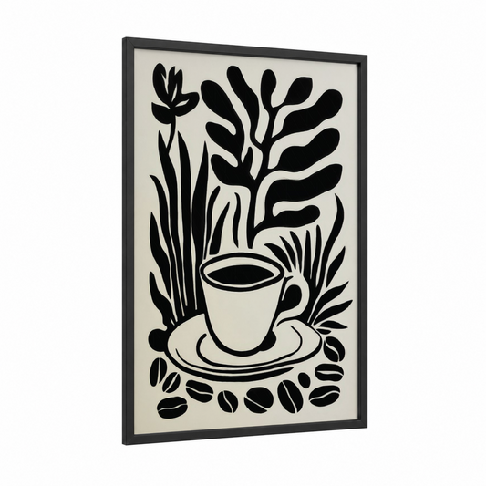 Coffee Garden framed abstract flower print — black wood frame — black and white and cream palette