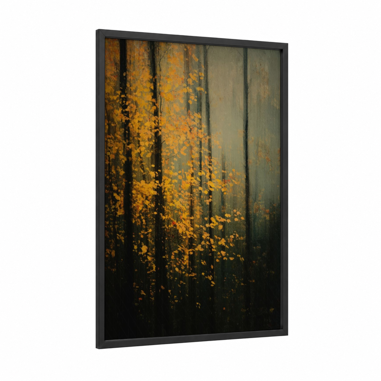 Golden Maple Forest framed art print — black wood frame — gold and black palette