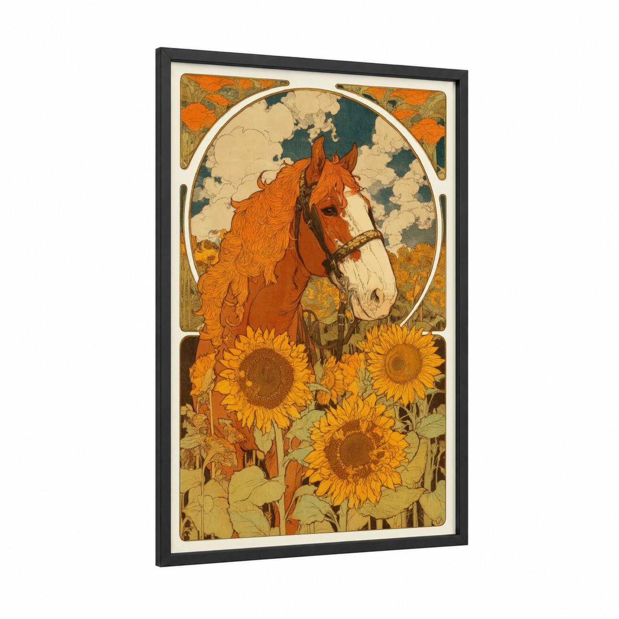 Golden Clydesdale framed clydesdale horse print — black wood frame — gold and orange palette