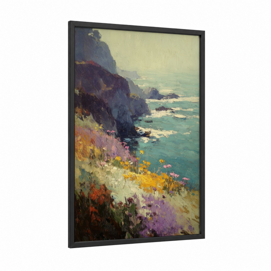 Wildflower Cliffs framed art print — black wood frame — gold and teal palette