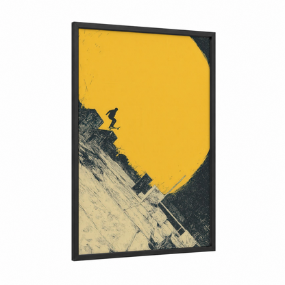Cliff Skateboarder framed skateboarding print — black wood frame — yellow gold and black palette