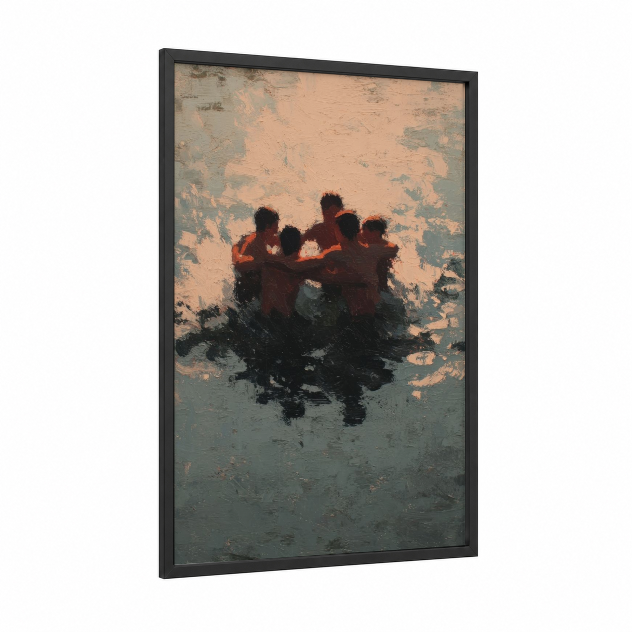 Team Unity Water framed water polo print — black wood frame — peach and black palette