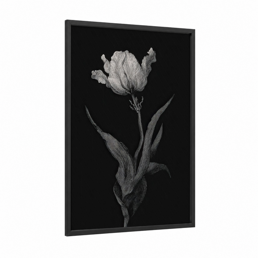 Elegant Tulip Study framed art print — black wood frame — black and white palette