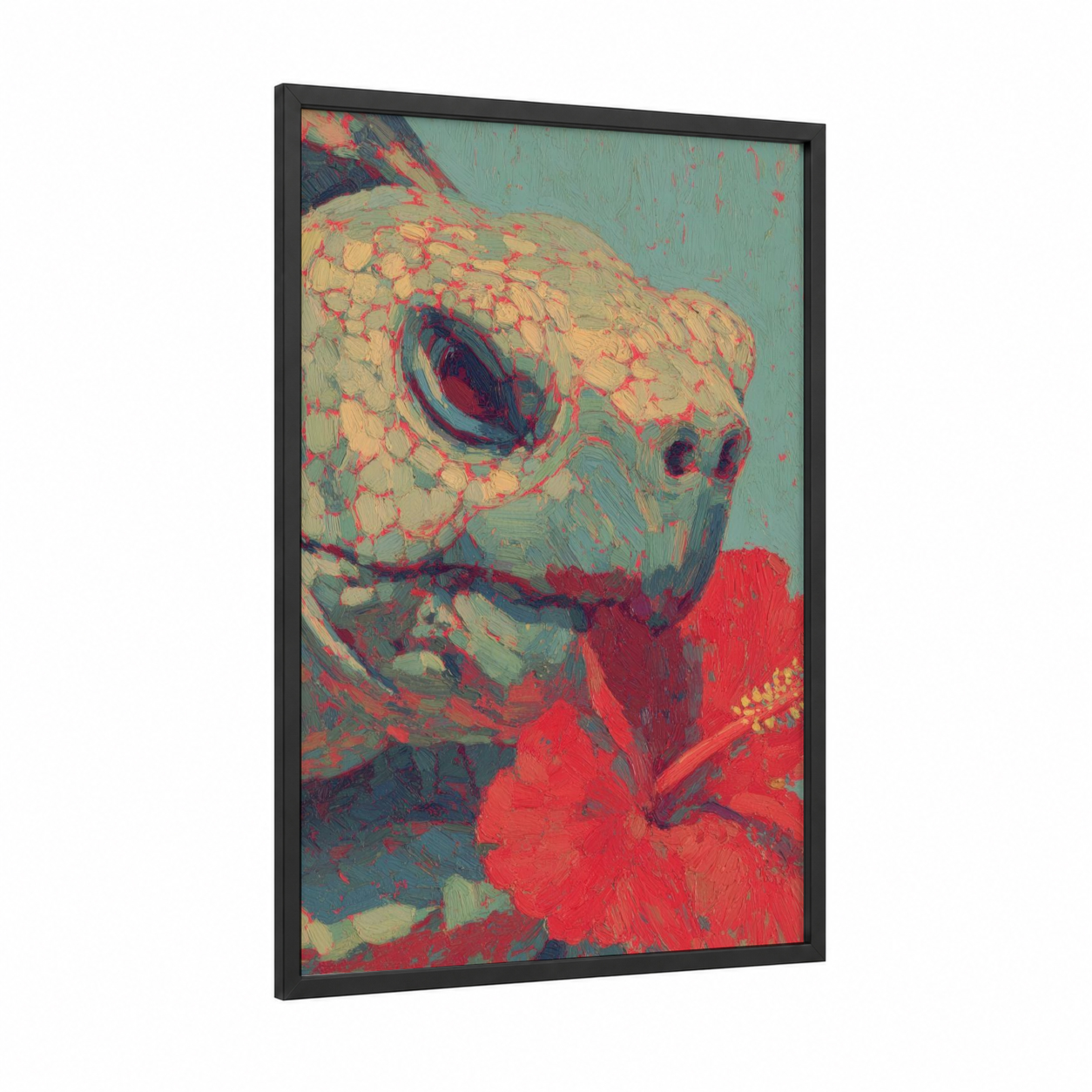 Crimson Bloom Turtle framed art print — black wood frame — red and turquoise palette
