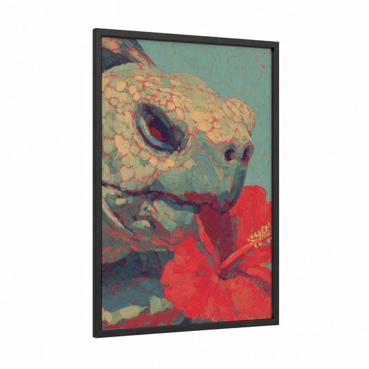Crimson Bloom Turtle framed art print — black wood frame — red and turquoise palette