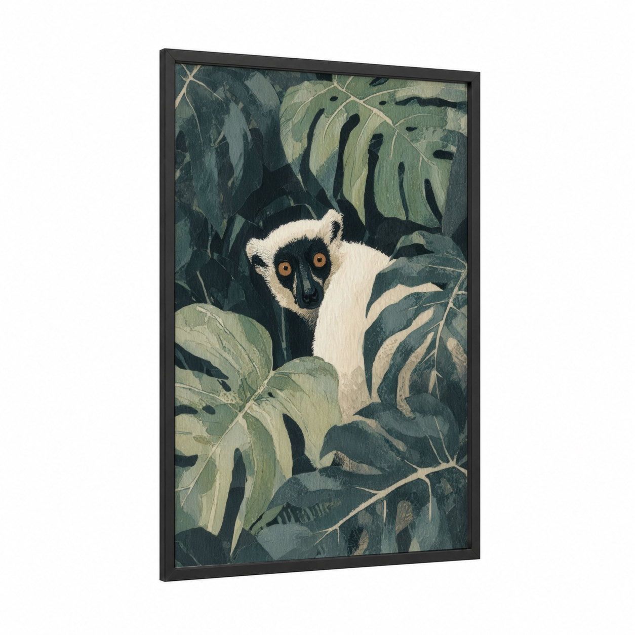 Jungle Lemur Gaze framed art print — black wood frame — dark green and white palette