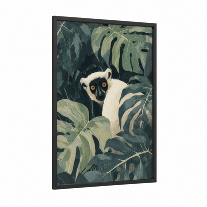 Jungle Lemur Gaze framed art print — black wood frame — dark green and white palette