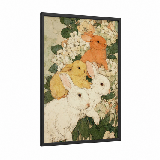 Easter Bunnies Blossoms framed art print — black wood frame — cream and light green palette