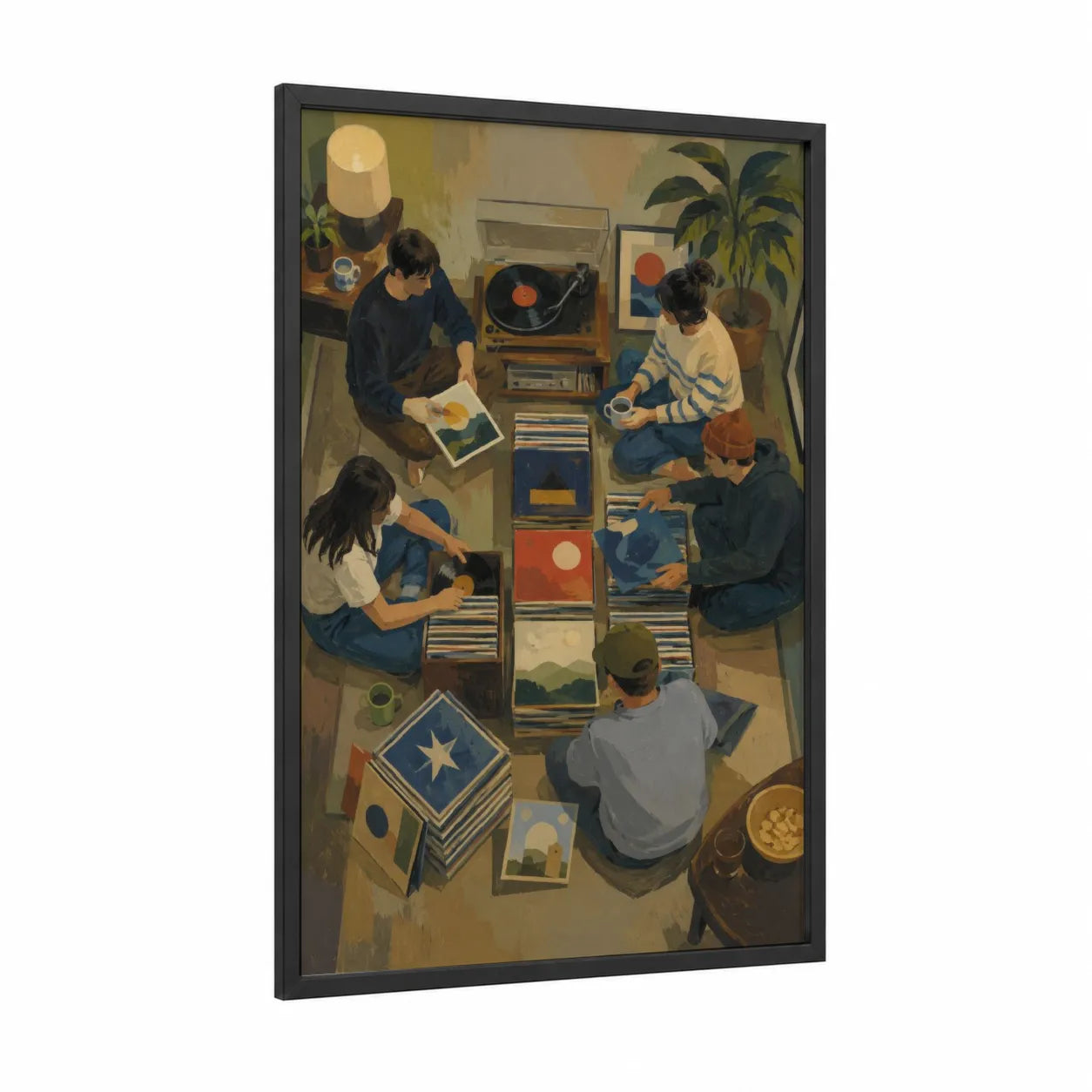 Vinyl Record Collectors Gathering Wall Art framed vinyl records print — black wood frame — blue and beige palette