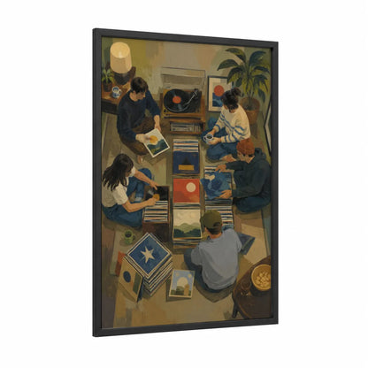 Vinyl Record Collectors Gathering Wall Art framed vinyl records print — black wood frame — blue and beige palette