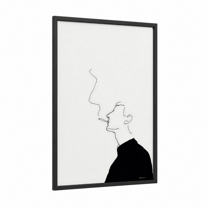 Contemplative Smoke framed art print — black wood frame — black and white palette