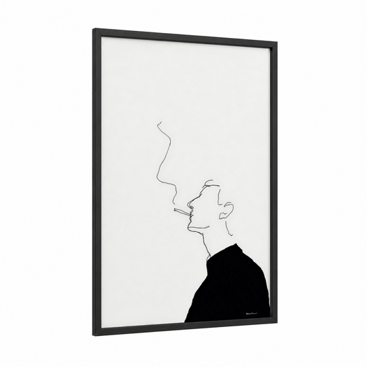 Contemplative Smoke framed art print — black wood frame — black and white palette