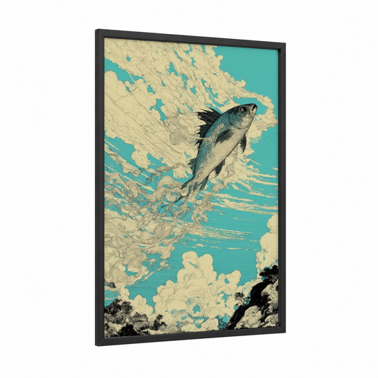 Celestial Dragon Fish framed art print — black wood frame — teal and cream palette
