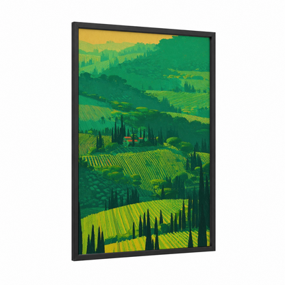Tuscan Vineyard framed wineries and cellars print — black wood frame — gold and true green palette