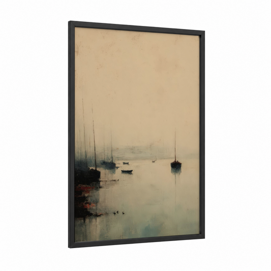 Misty Harbor Morning framed art print — black wood frame — beige and dove gray palette