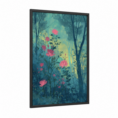 Enchanted Garden Roses framed art print — black wood frame — teal and pink palette