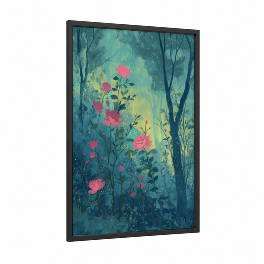 Enchanted Garden Roses framed art print — black wood frame — teal and pink palette