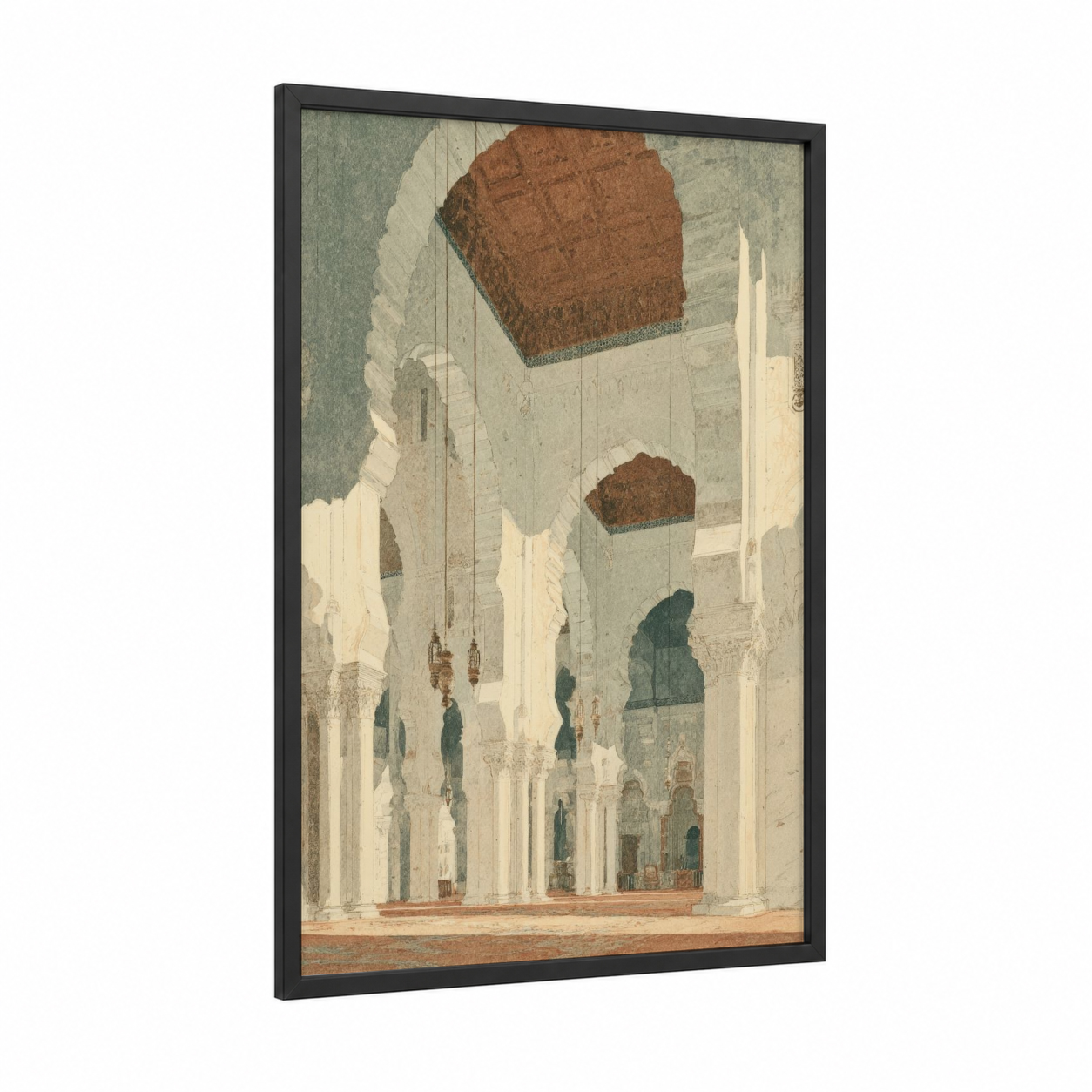 Sacred Synagogue Interior framed judaism print — black wood frame — sage green and beige palette