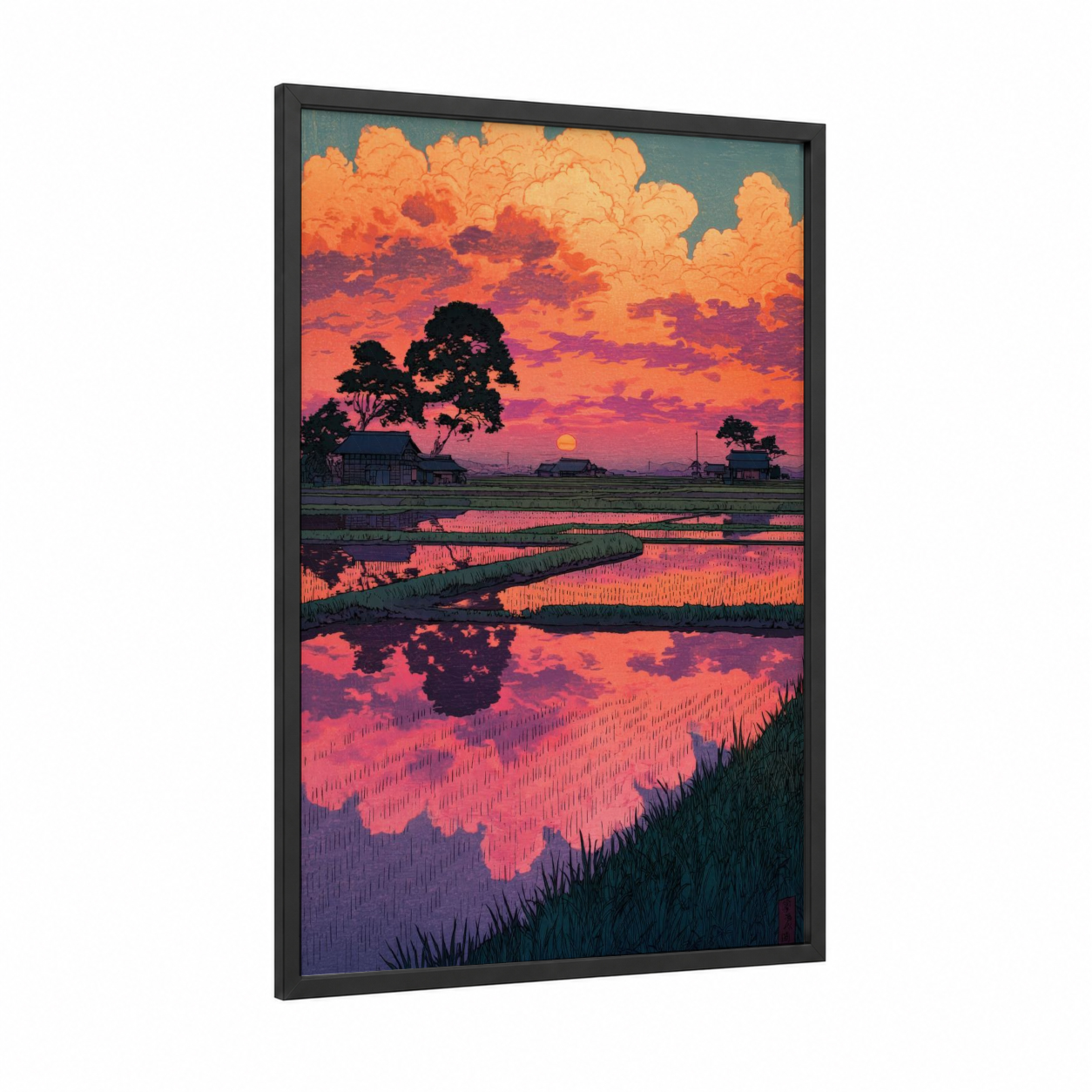 Golden Paddy Sunset framed sunrise and sunset print — black wood frame — gold and orange palette