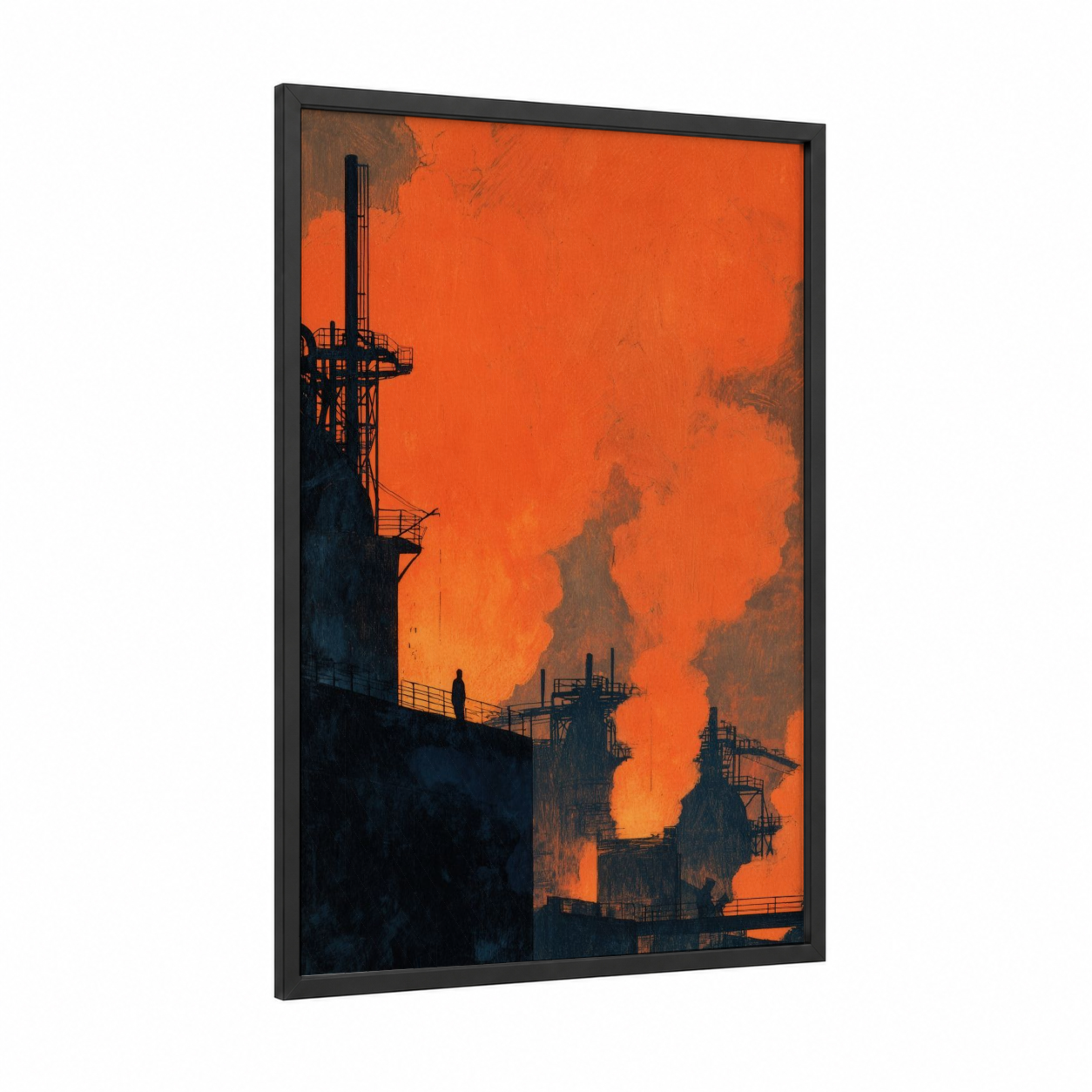 Crimson Factory Silhouette framed art print — black wood frame — orange and black palette