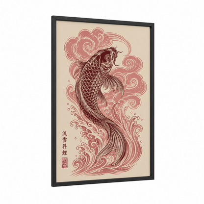 Koi Fish Japanese Woodblock Wall Art framed art print — black wood frame — salmon pink and cream palette