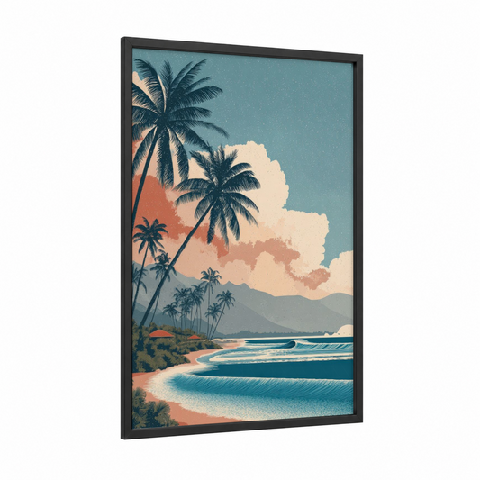 Tropical Breeze Beach framed sandy beach print — black wood frame — peach and teal palette