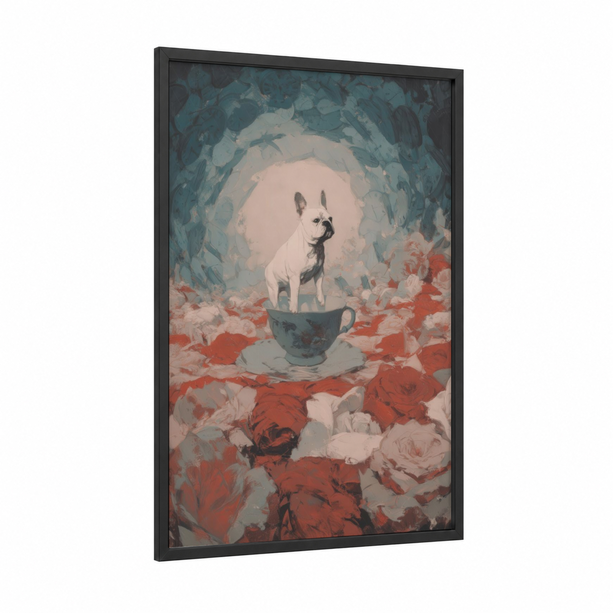 Teacup Bulldog framed art print — black wood frame — teal and peach palette