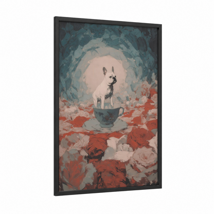 Teacup Bulldog framed art print — black wood frame — teal and peach palette