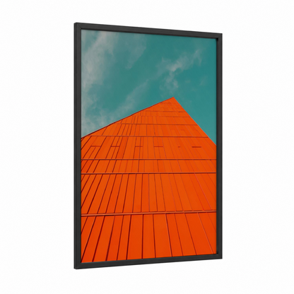Crimson Ascent framed abstract architecture print — black wood frame — orange and teal palette