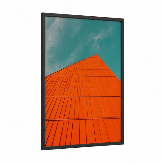 Crimson Ascent framed abstract architecture print — black wood frame — orange and teal palette