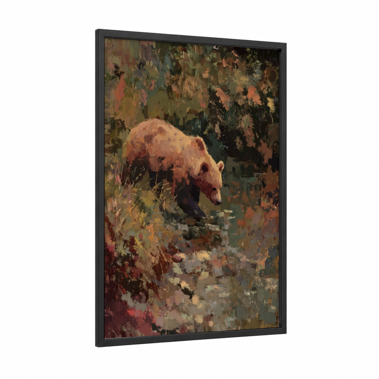 Autumn Grizzly framed grizzly bear print — black wood frame — russet and sage green palette