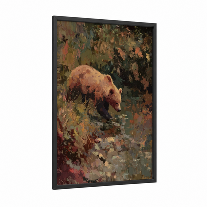 Autumn Grizzly framed grizzly bear print — black wood frame — russet and sage green palette